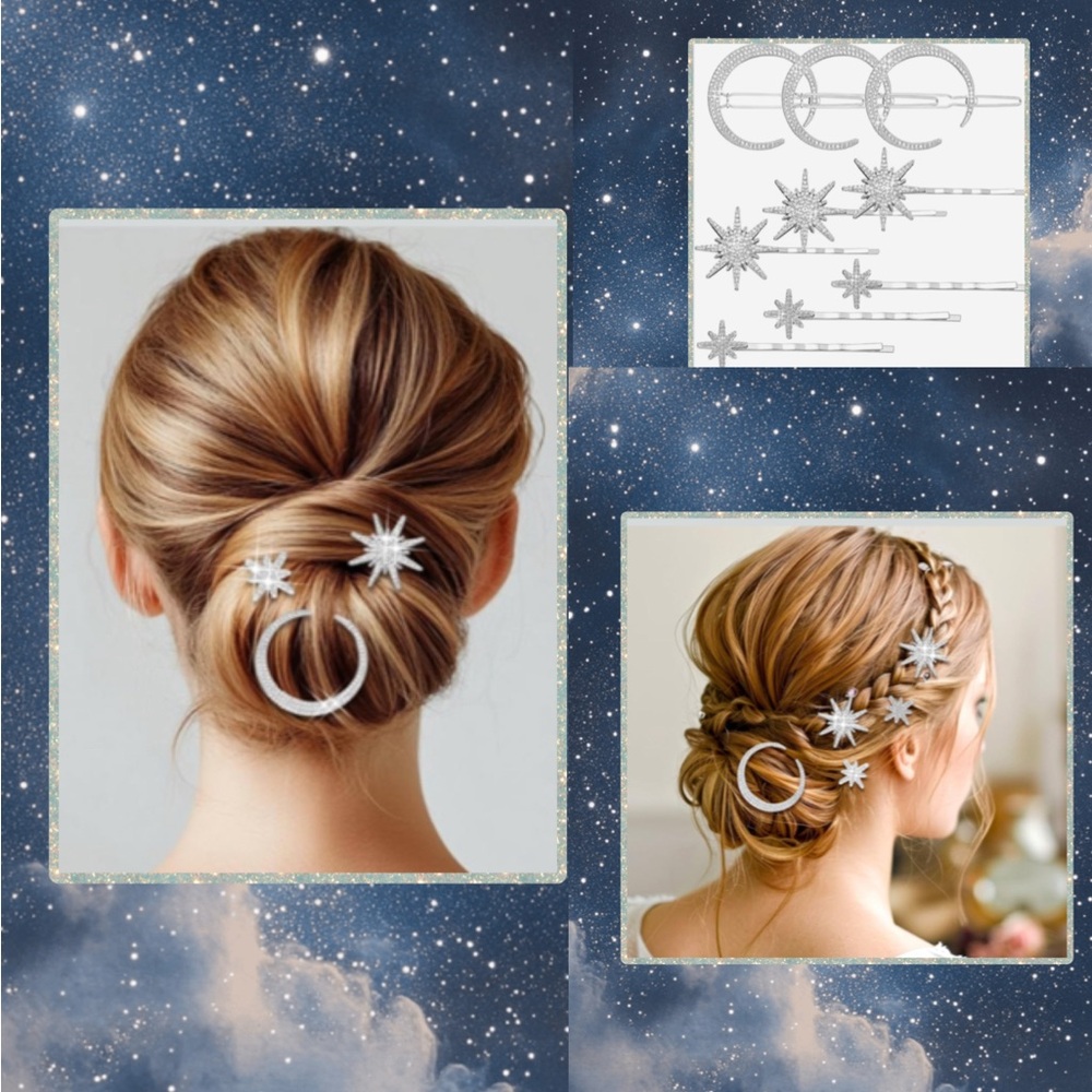 Sun & Moon Celestial Rhinestone Hair Accessories 6 Star Bobby Pins, 3 Moon Clips